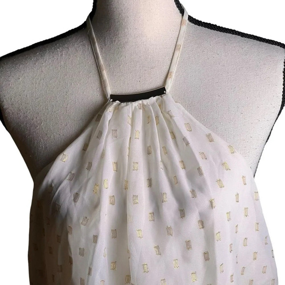 Bebe Womens Halter Dress Ivory/ Gold Accents Strappy Back Tie Elastic Waist M - Picture 12 of 16